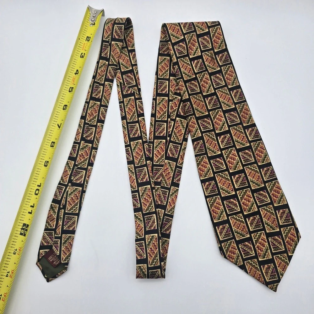 Chaps Ralph Lauren Mens Silk Tie Geometric Tribal Pattern Black Gold Burgundy